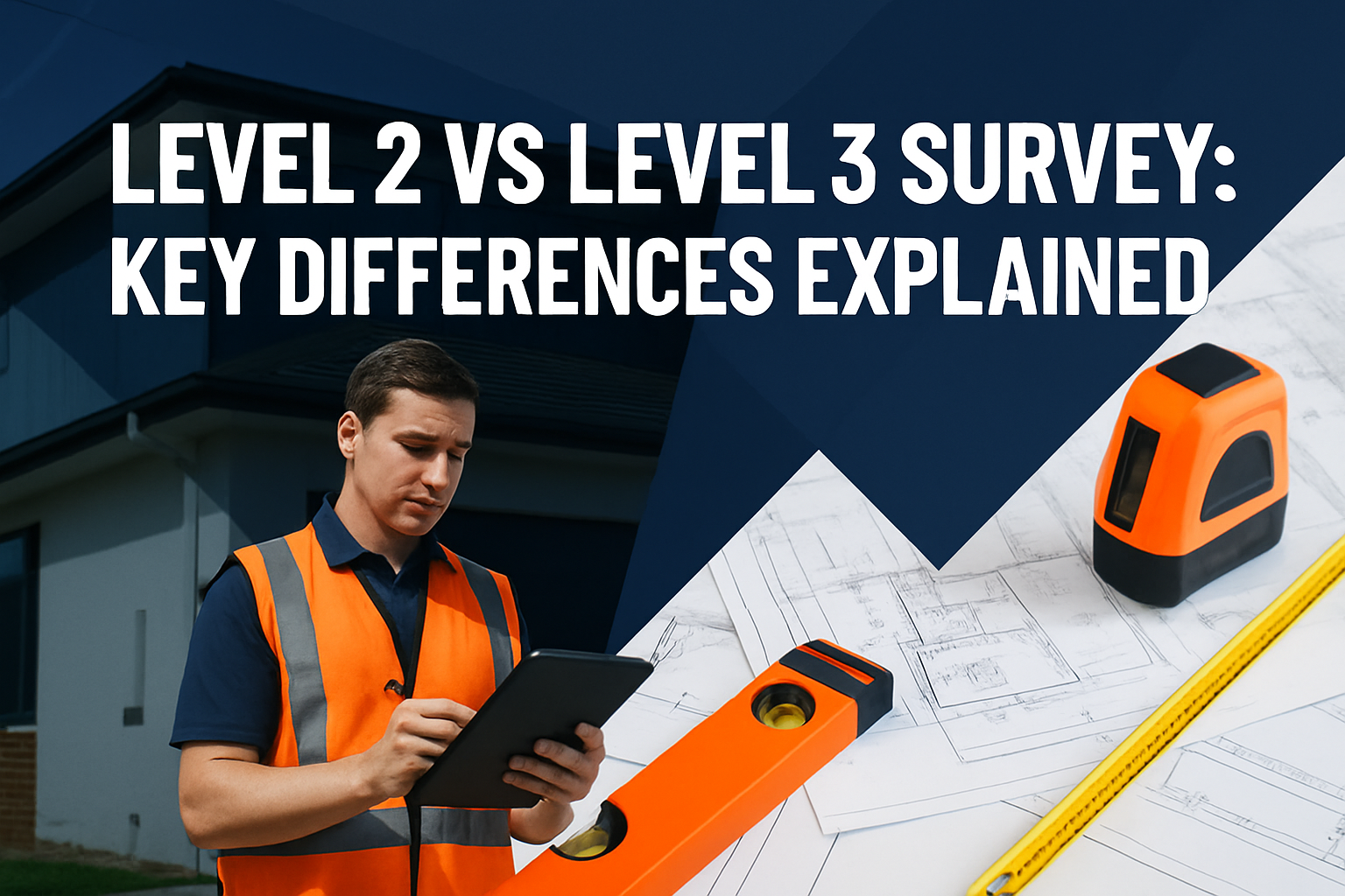 Professional landscape hero image (1536x1024) featuring bold text overlay 'Level 2 vs Level 3 Survey: Key Differences Explained' in extra la