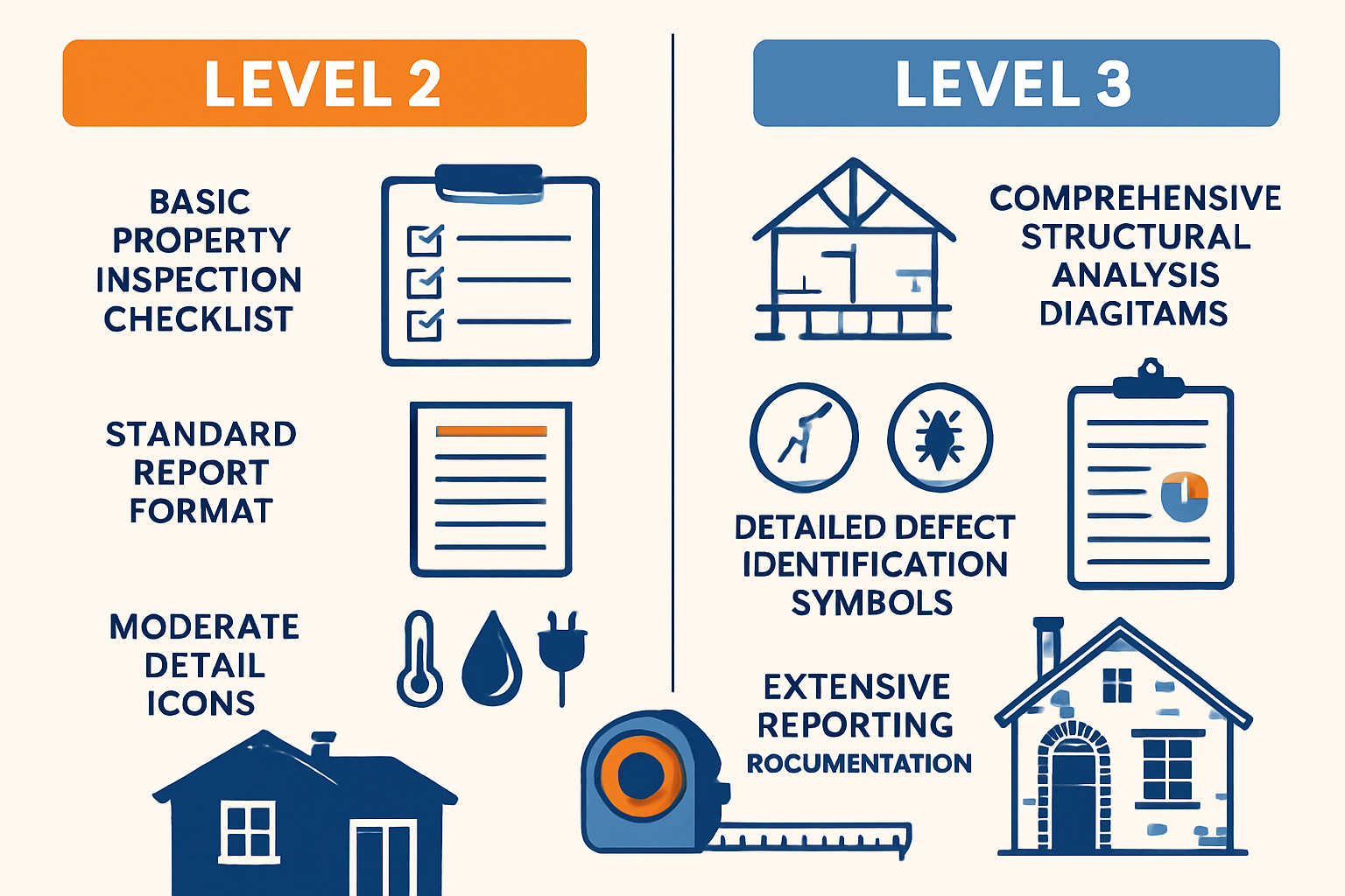 Professional infographic illustration (1536x1024) showing side-by-side comparison chart of Level 2 vs Level 3 survey features. Left column d