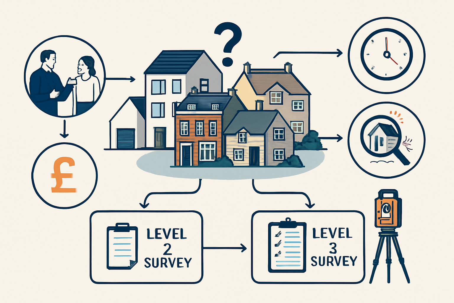 Professional landscape illustration (1536x1024) depicting decision-making flowchart for choosing between Level 2 and Level 3 surveys. Centra