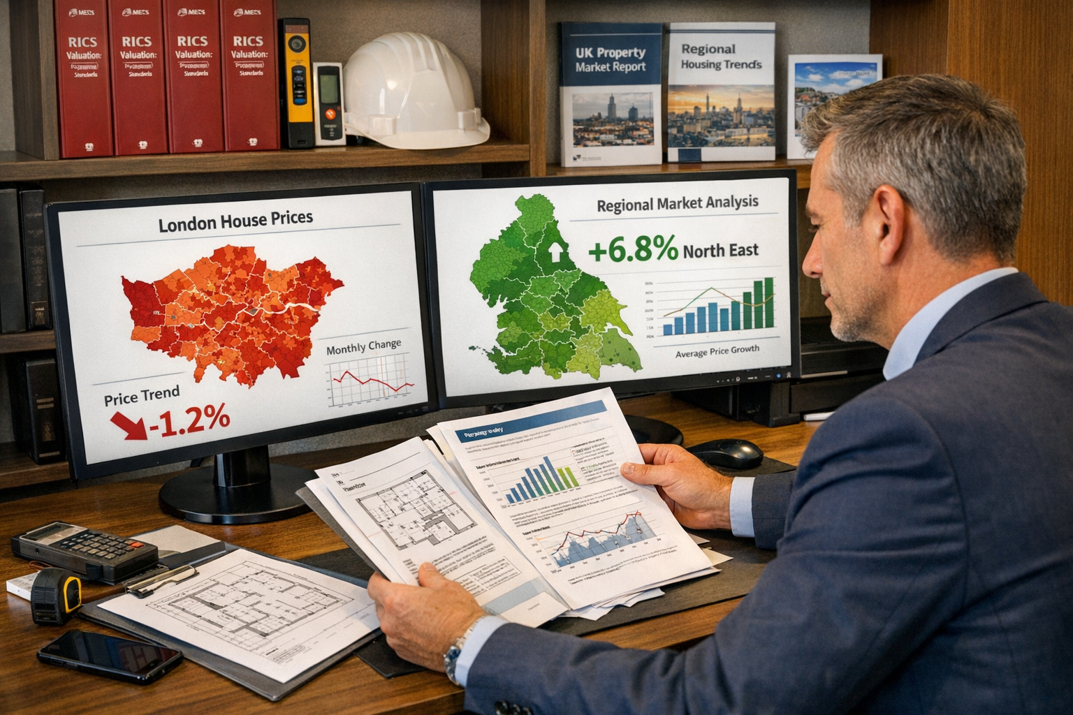 Detailed () image showing professional chartered surveyor in business attire examining property documents and floor plans on