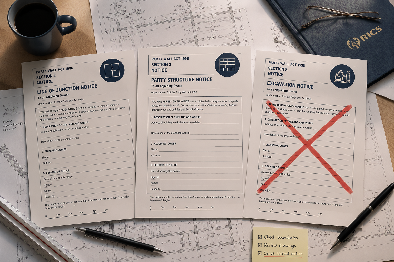 () editorial illustration showing a surveyor's desk with three different party wall notice forms spread out, each labeled