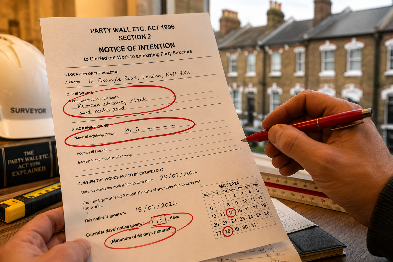 () concept image showing a close-up of a party wall legal notice document with multiple sections circled in red pen,