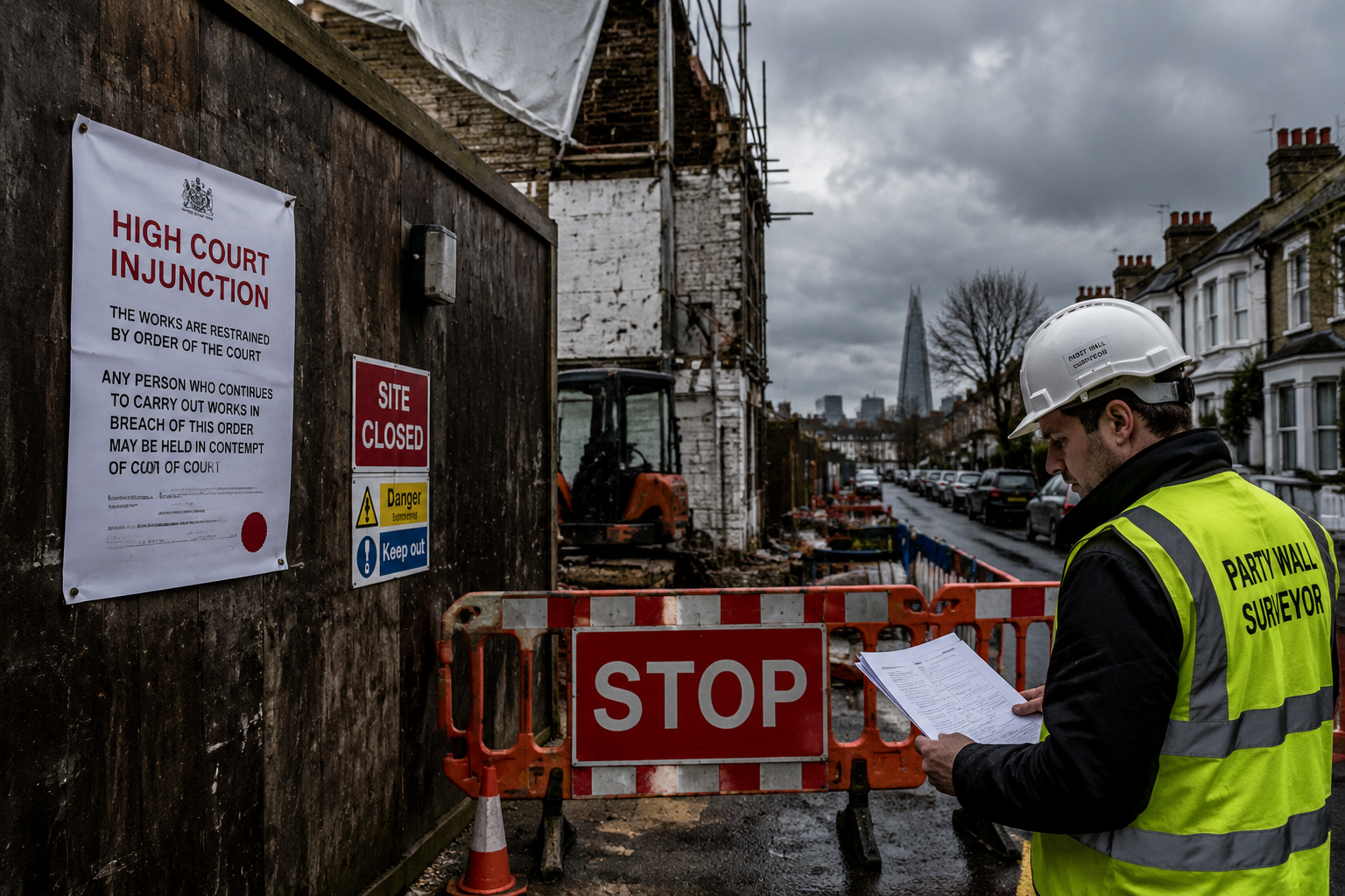 () dramatic wide-angle image of a construction site on a London street that has been halted, with orange STOP barriers and a
