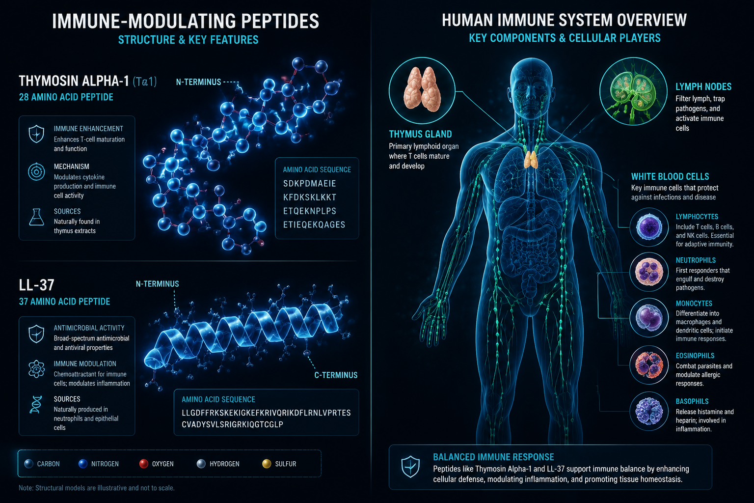 Detailed () scientific infographic illustration showing a split-panel composition: left side displays labeled molecular