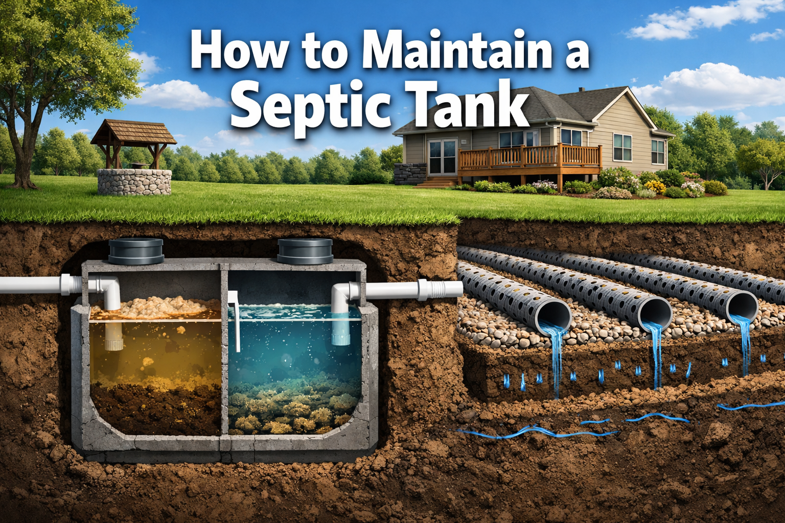 Professional landscape format (1536x1024) hero image with bold text overlay 'How to Maintain a Septic Tank' in extra large 72pt white sans-s