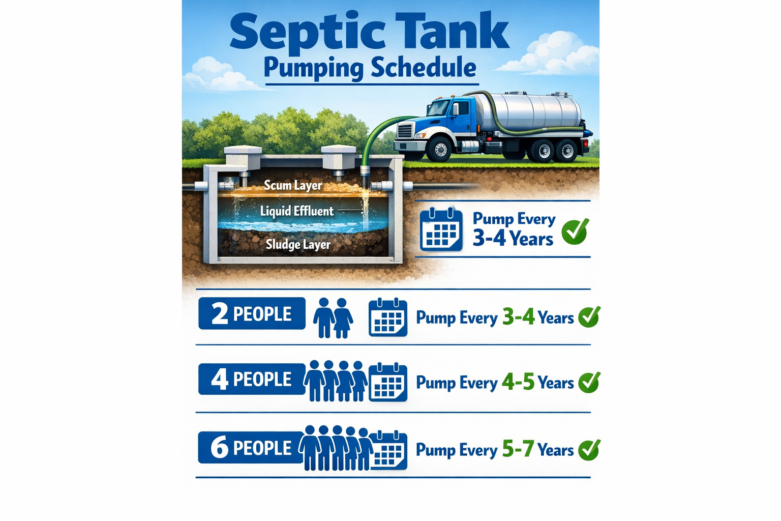 Portrait format (1024x1536) educational infographic showing septic tank pumping schedule timeline with calendar icons, household size indica