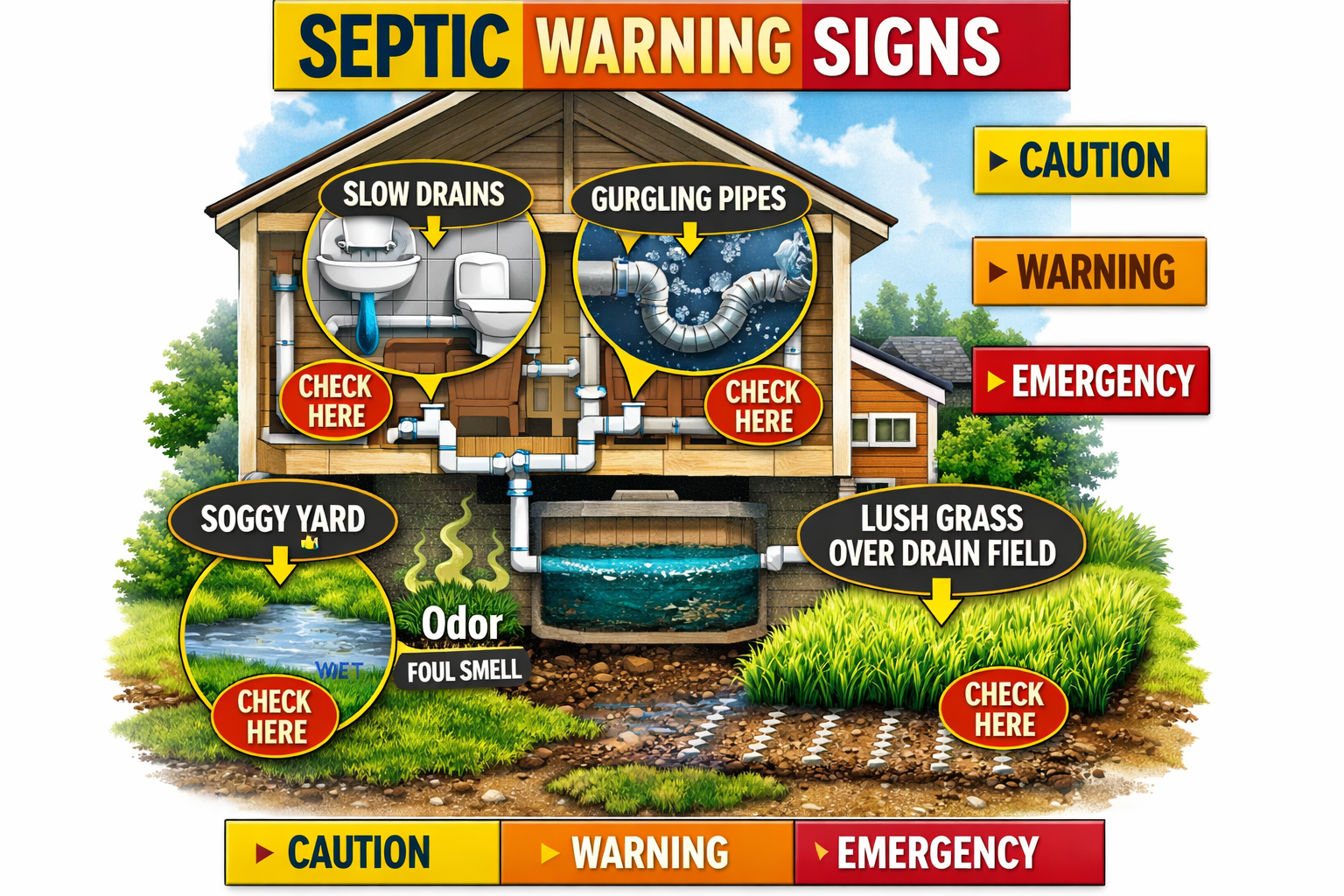 Portrait format (1024x1536) diagnostic illustration showing warning signs of septic problems. Visual elements include house cross-section wi
