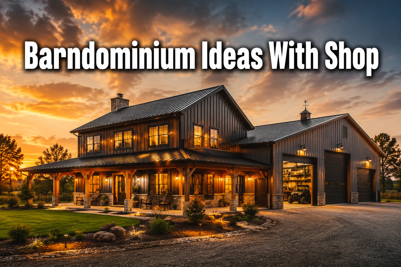 Professional () hero image with : 'Barndominium Ideas With Shop' in extra large white with dark drop , centered in upper