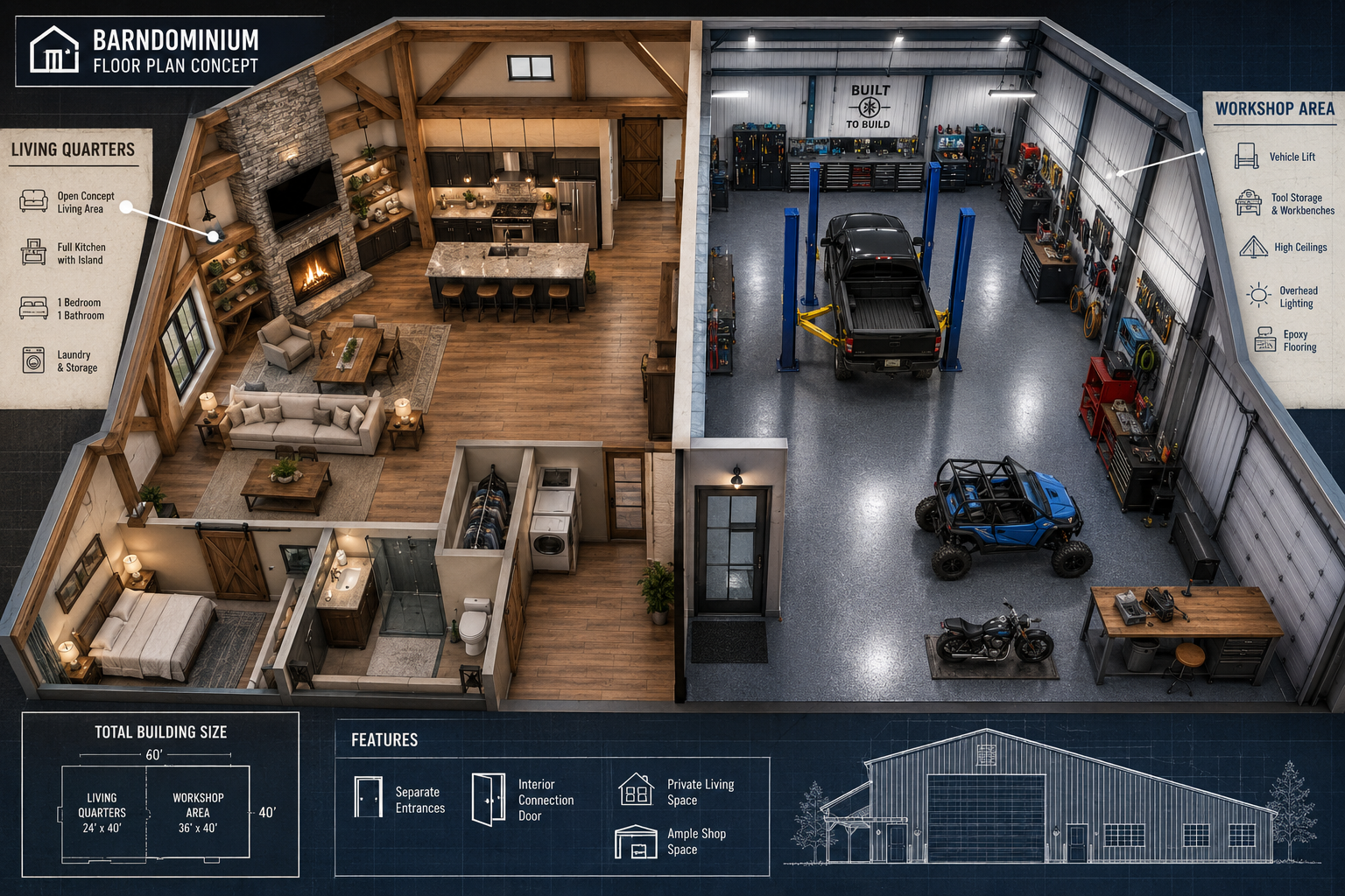 Detailed () interior split-view illustration showing a barndominium floor plan concept — left half depicts a cozy