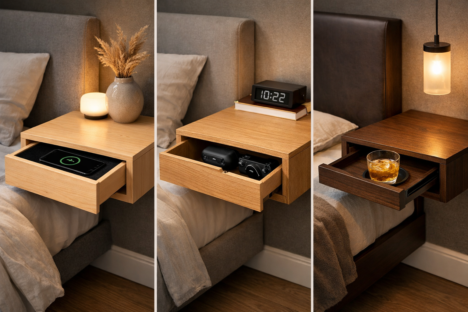 A beautifully composed landscape image () showcasing three distinct floating nightstand designs in a modern bedroom setting,