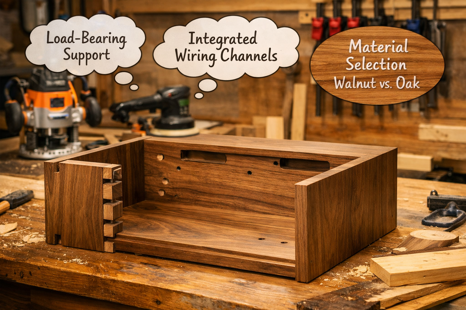 A detailed landscape image () illustrating the construction phases of a custom floating nightstand. The foreground shows a