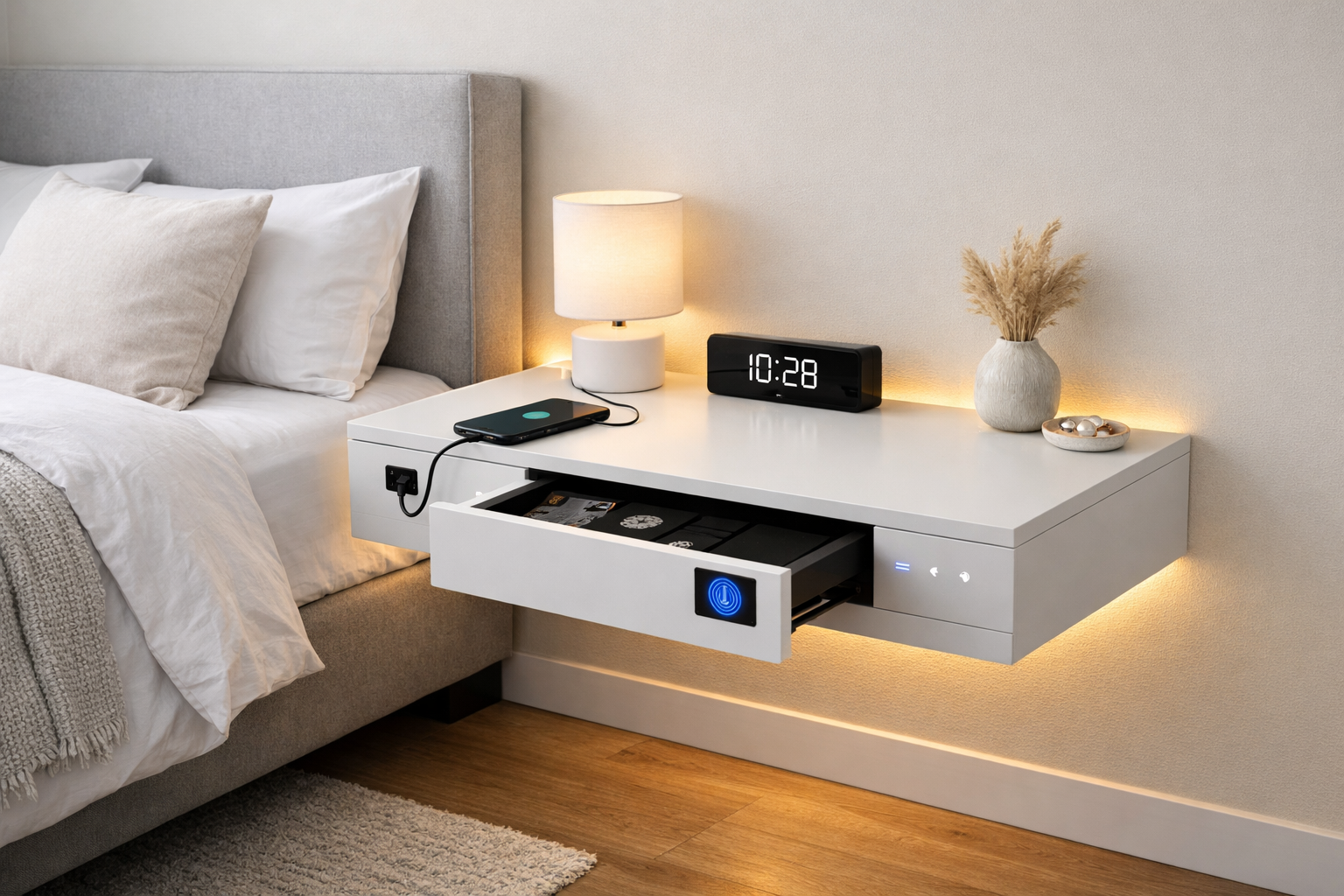 A bright, showcasing integrated smart home features like a discreet USB charging port, a hidden fingerprint-scan drawer, and