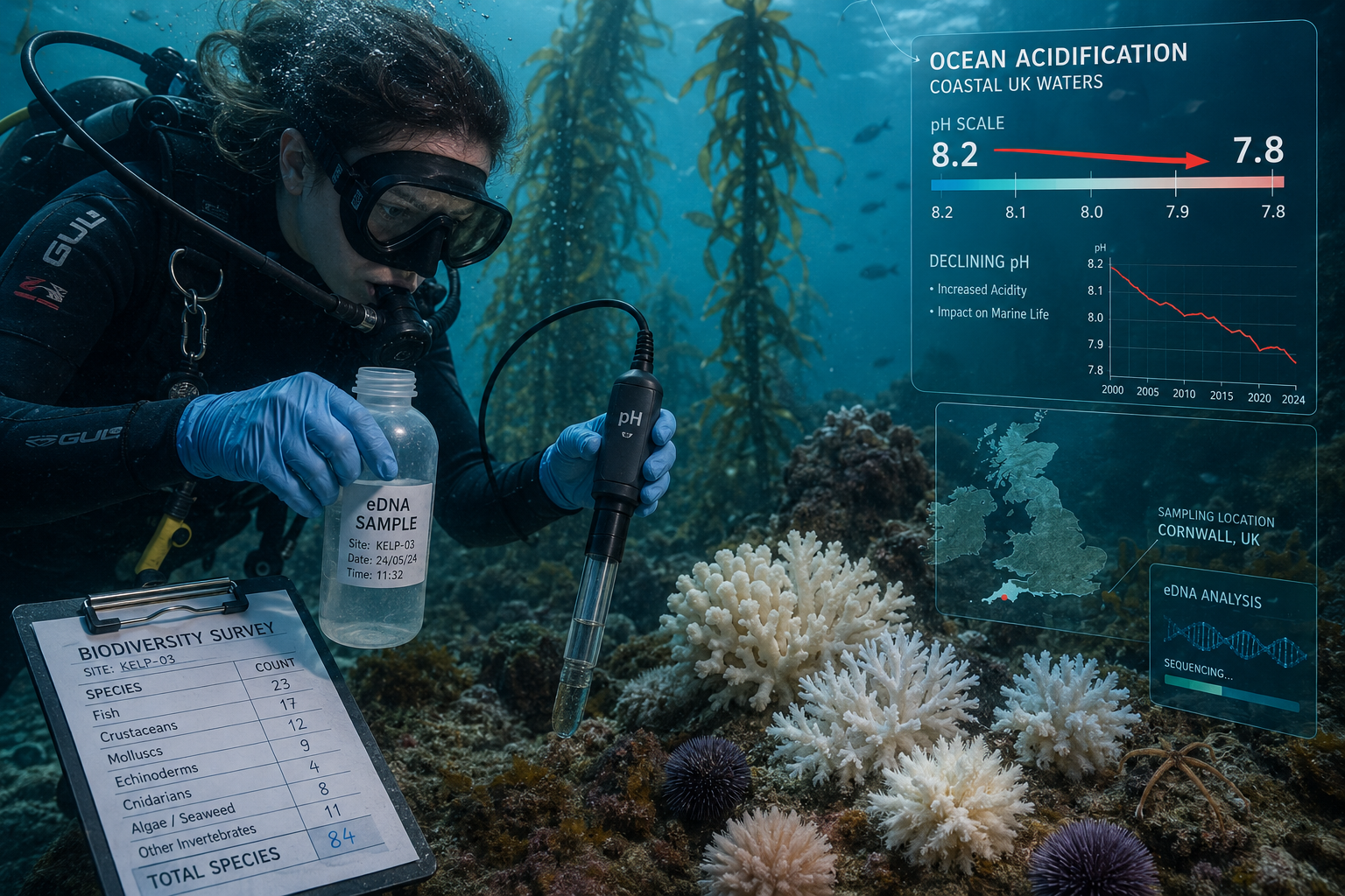 Wide-angle underwater laboratory concept illustration showing marine ecologist collecting eDNA water samples with pH sensor