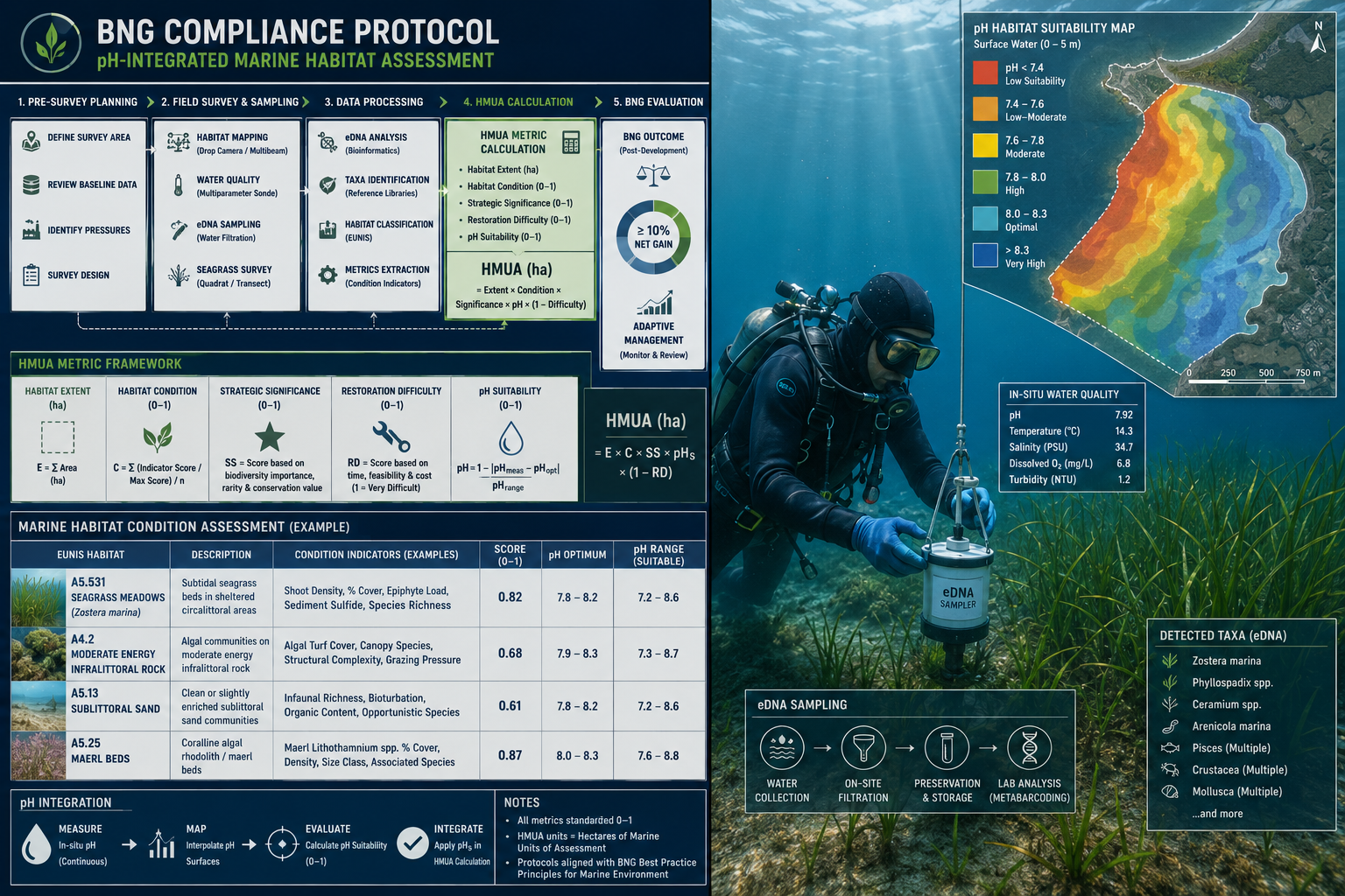 Split-panel infographic illustration showing left side: detailed BNG compliance protocol flowchart with pH-integrated survey