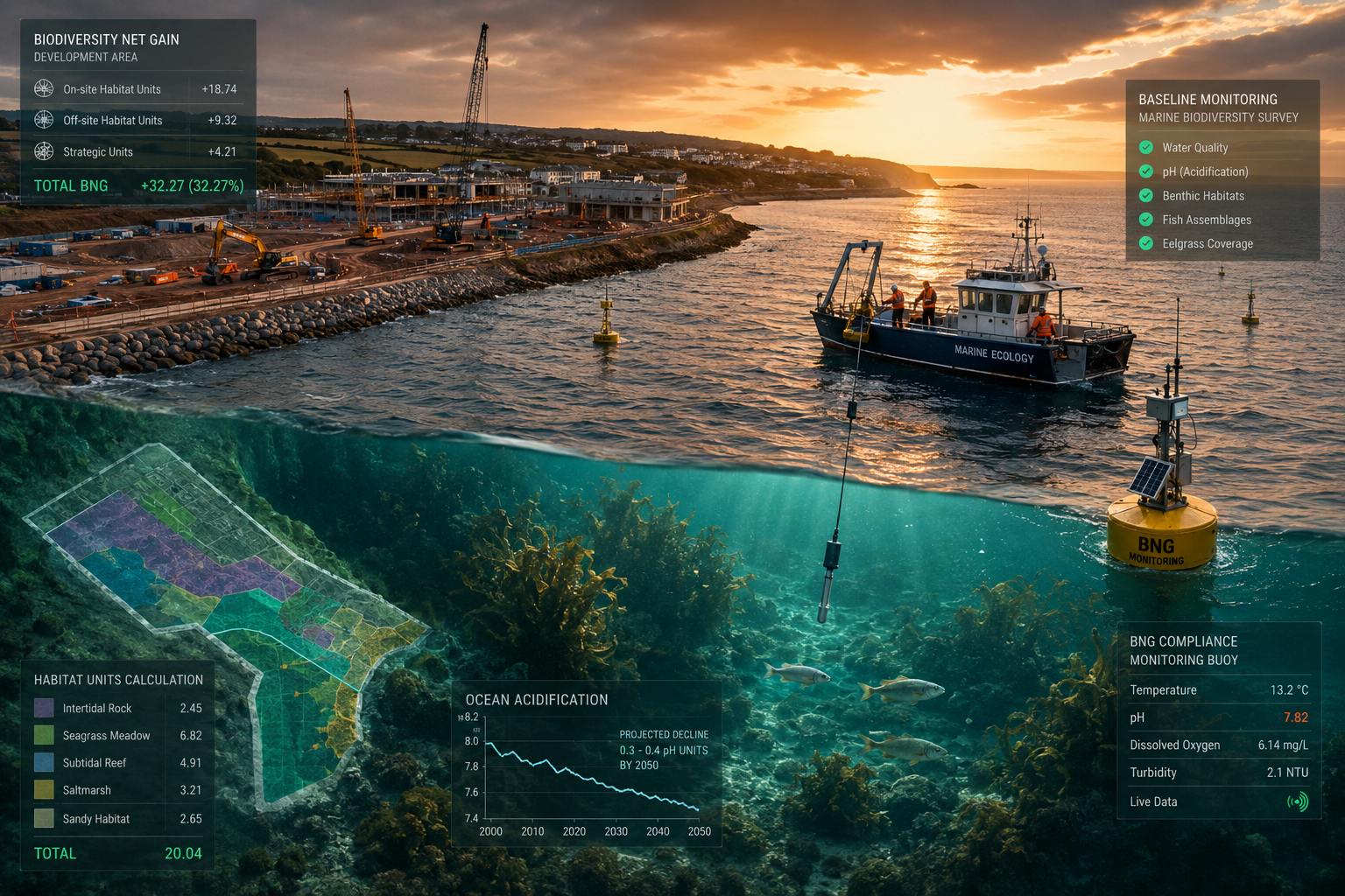 Aerial drone perspective showing UK coastal development site adjacent to acidifying marine environment, split view between