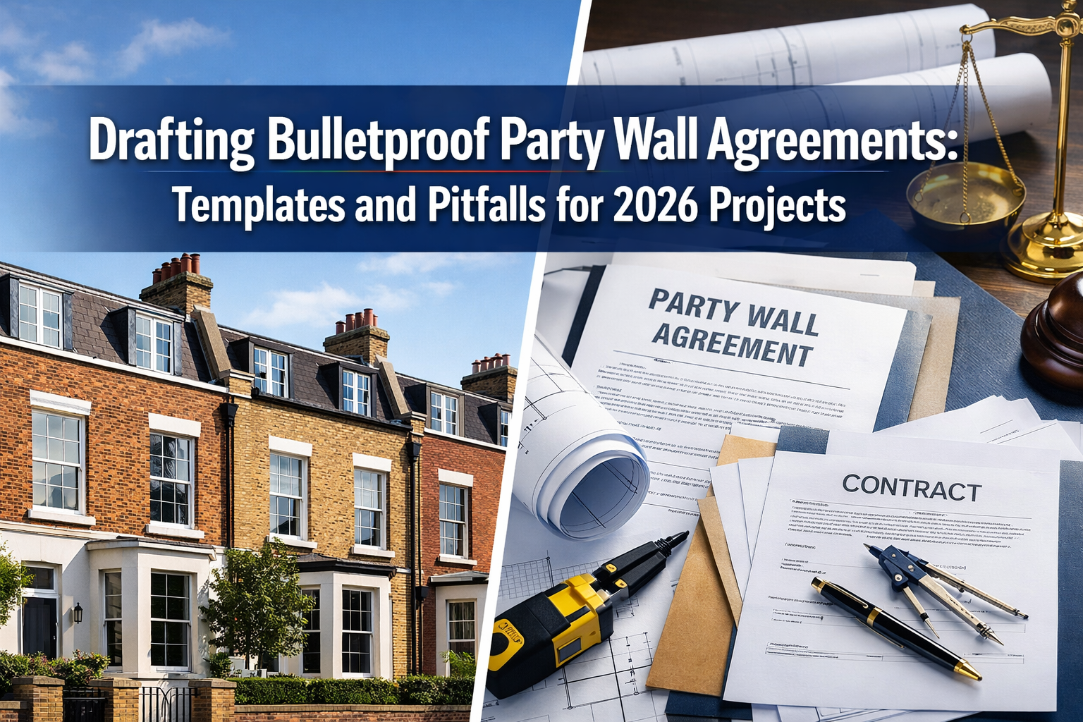 Professional landscape format (1536x1024) hero image featuring bold text overlay 'Drafting Bulletproof Party Wall Agreements: Templates and