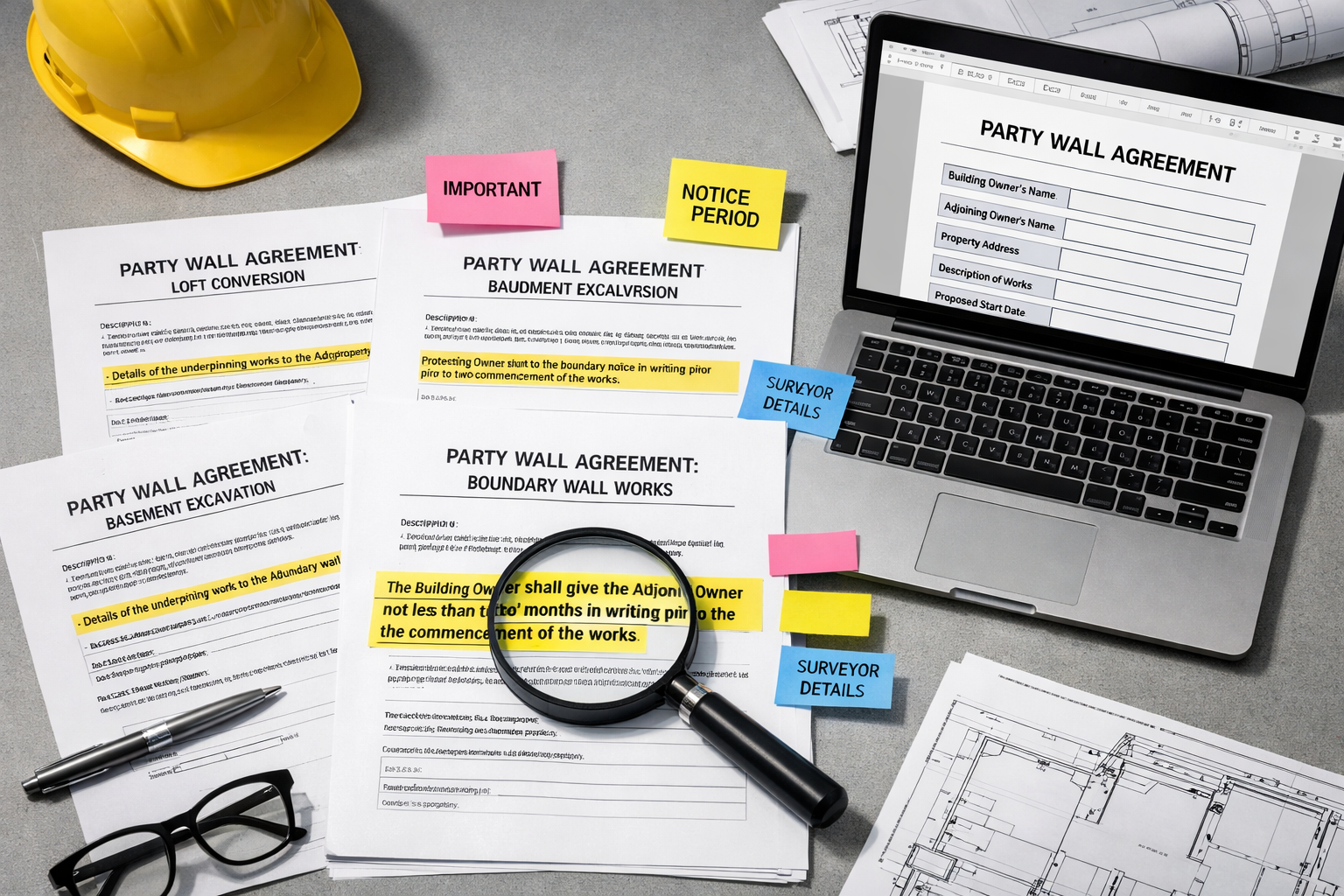 Landscape format (1536x1024) editorial image showing customizable party wall agreement templates spread across modern desk surface. Visual e