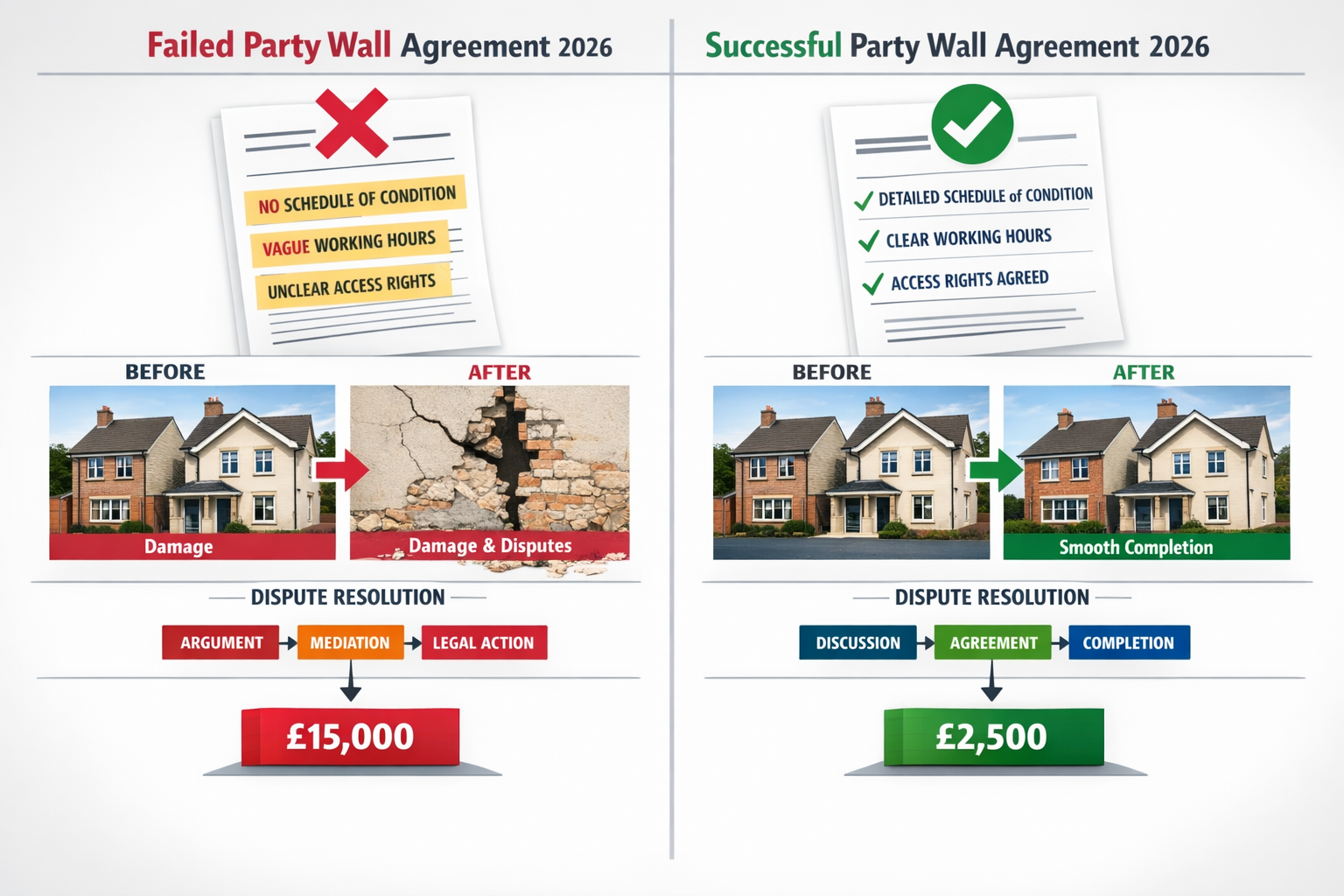 Landscape format (1536x1024) split comparison infographic showing failed versus successful party wall agreements from 2026. Left side displa