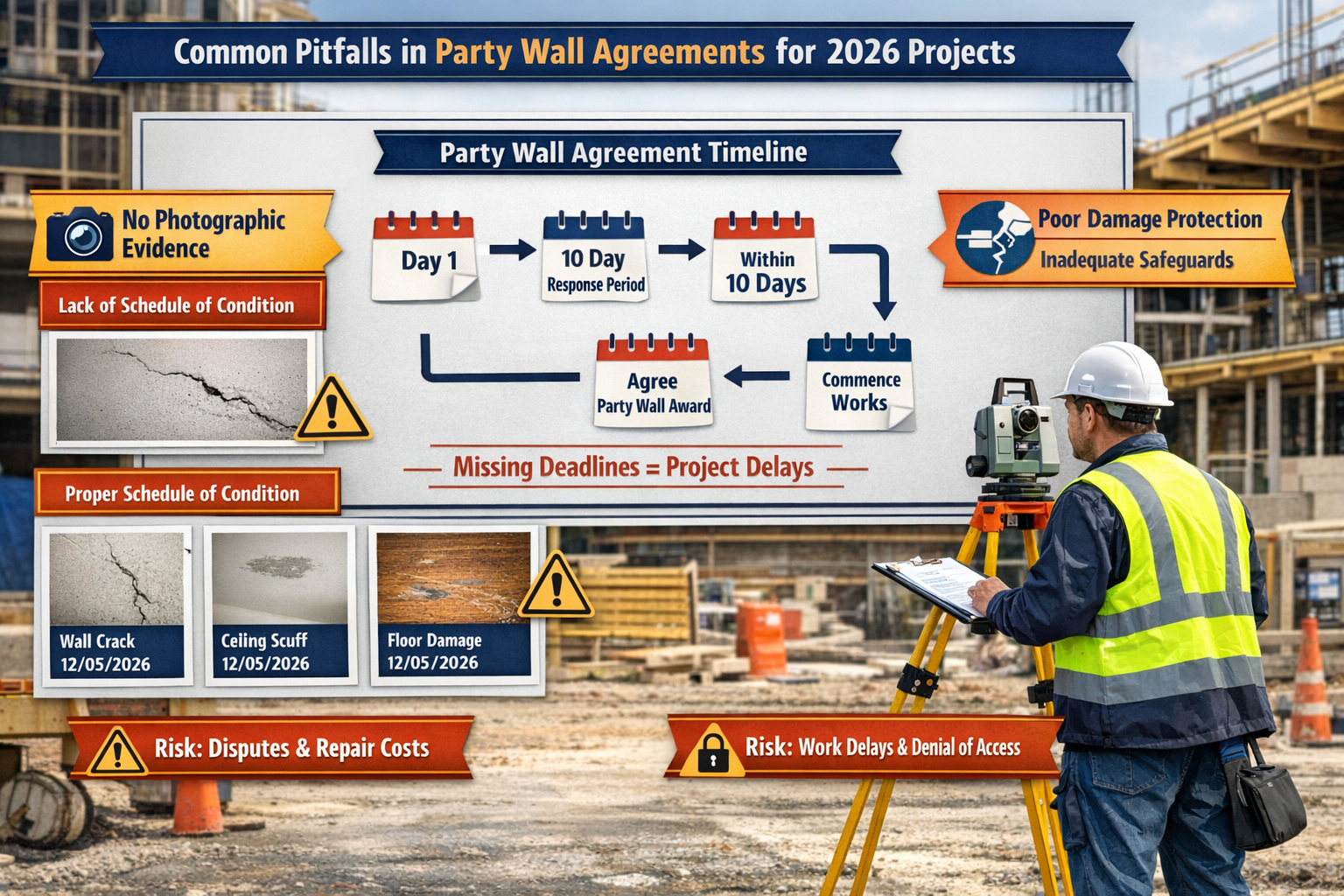 Landscape format (1536x1024) detailed visual guide showing common pitfalls in party wall agreements for 2026 projects. Central flowchart dis