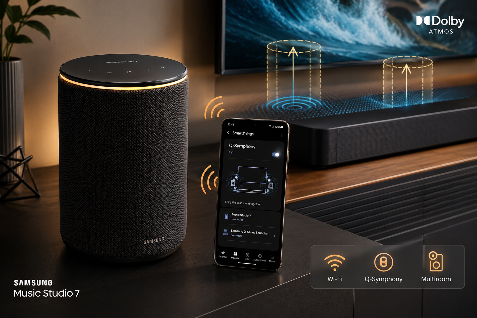 Detailed () editorial photograph showing close-up three-quarter view of Samsung Music Studio 7 cylindrical speaker in matte