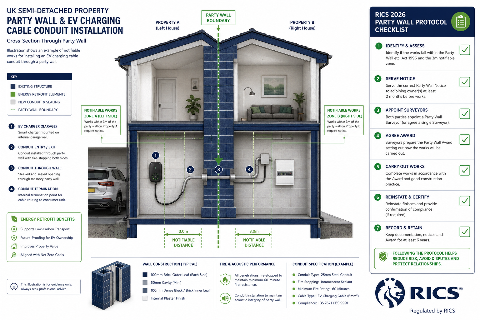 Detailed () infographic-style illustration showing a cross-section diagram of a UK semi-detached property party wall with EV