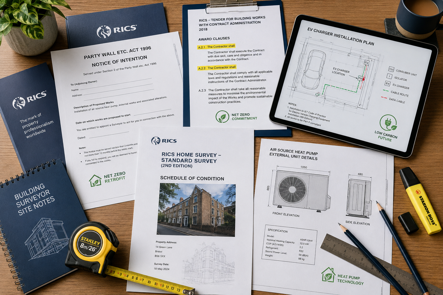 Detailed () flat-lay overhead photograph of a professional surveyor's desk with party wall notice documents, RICS-branded