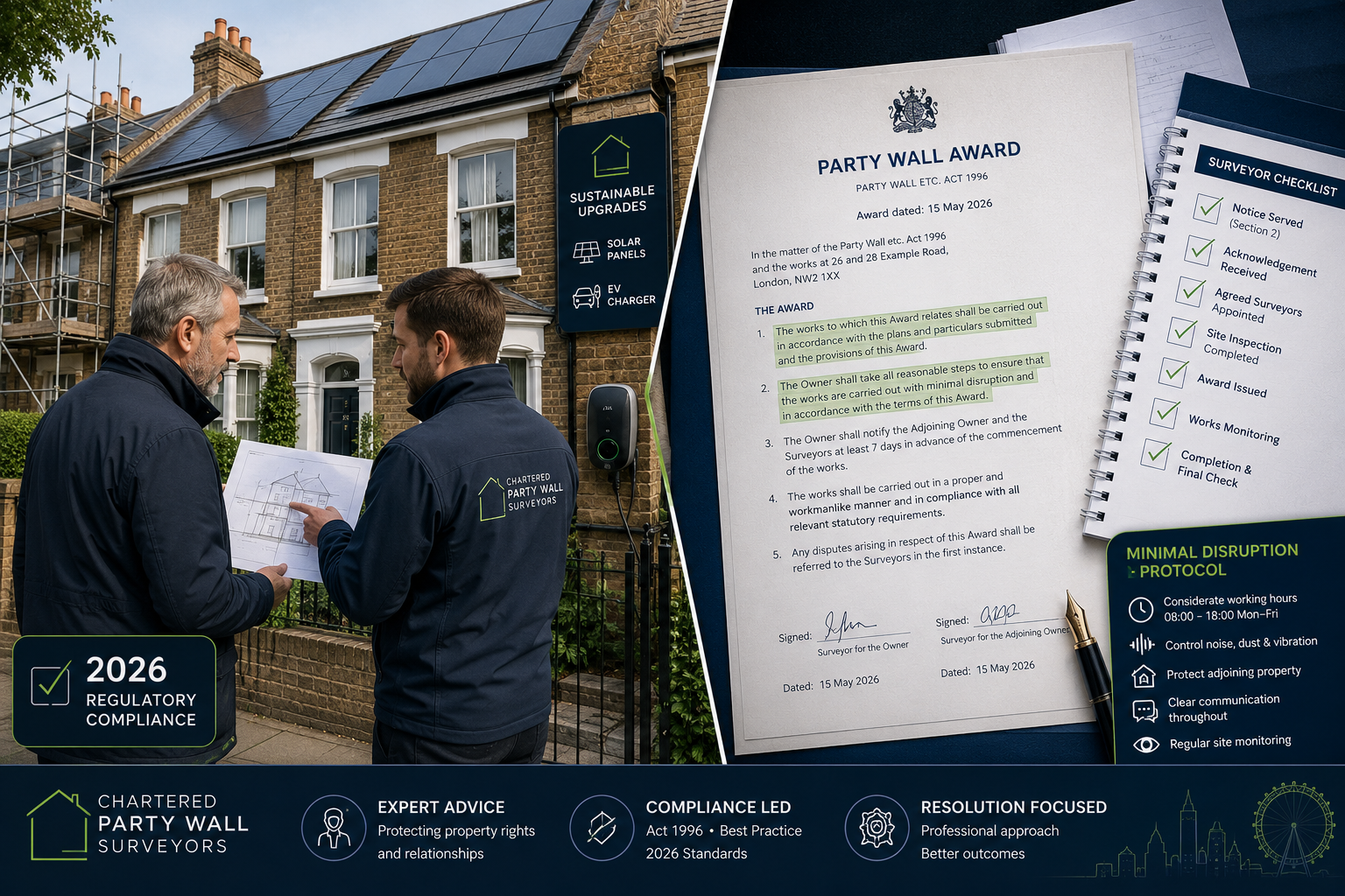 Detailed () split-scene illustration showing left side: a building owner consulting with a party wall surveyor outside a
