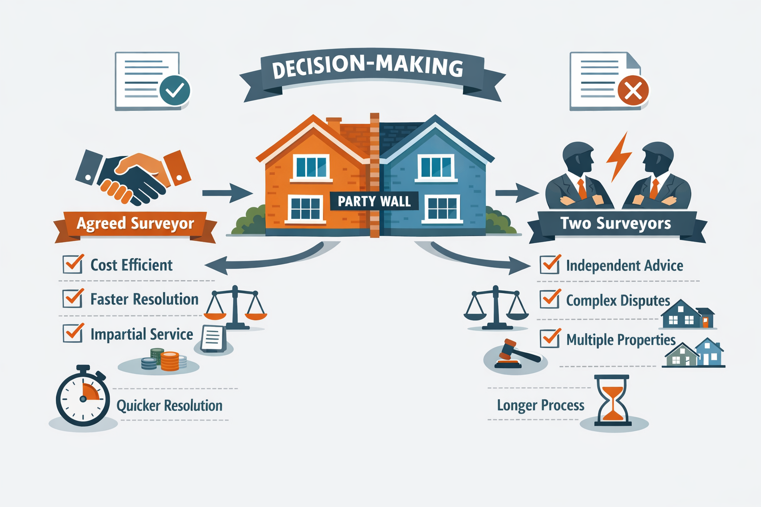 Detailed () conceptual illustration showing decision-making flowchart for party wall surveyor selection. Central image of