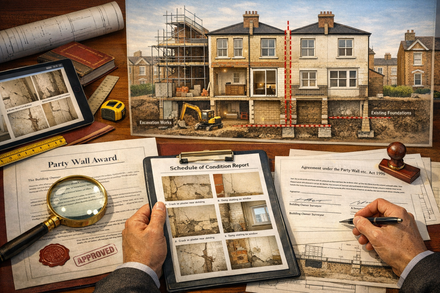 Detailed () practical scene showing party wall award documentation process. Foreground displays professional surveyor