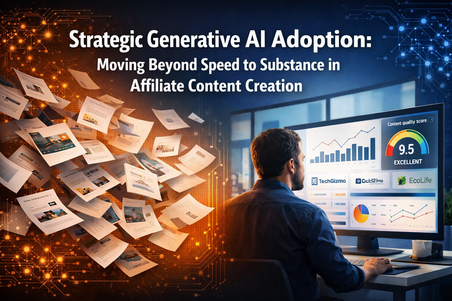 Professional landscape format (1536x1024) editorial hero image with bold text overlay 'Strategic Generative AI Adoption: Moving Beyond Speed