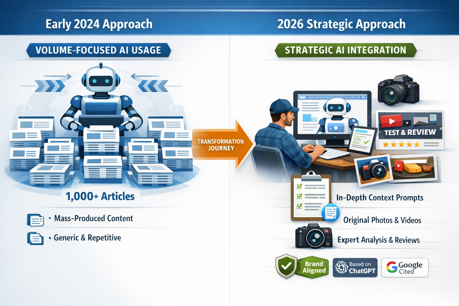 Landscape format (1536x1024) detailed infographic showing evolution from 'Volume-Focused AI Usage' to 'Strategic AI Integration' with two-co