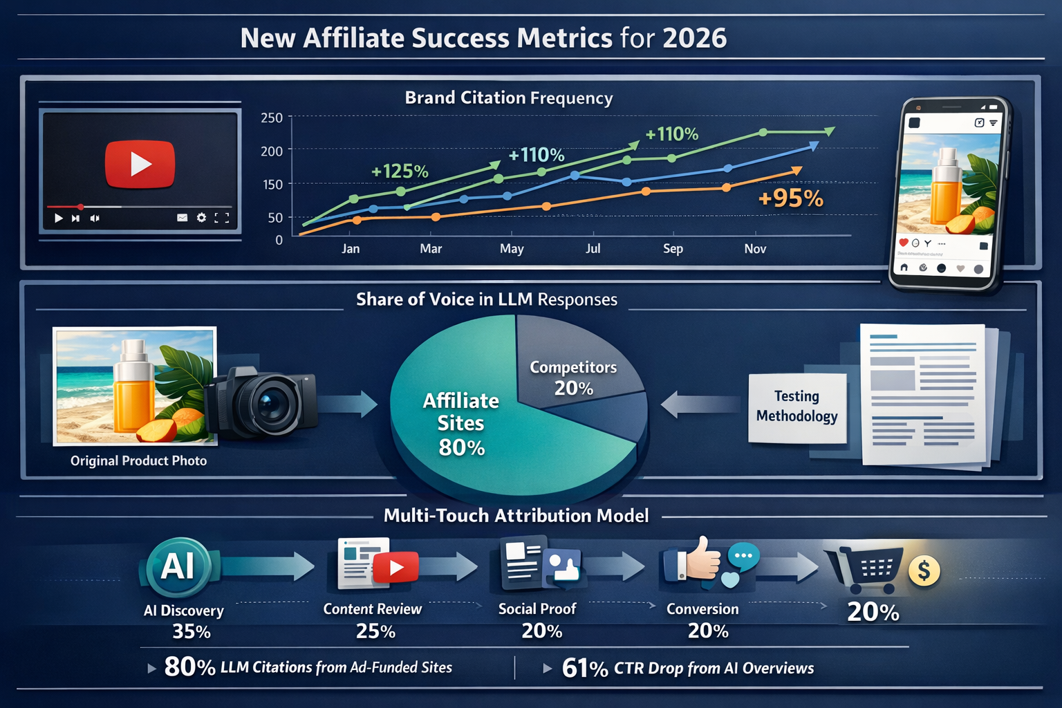 Landscape format (1536x1024) comprehensive dashboard visualization showing 'New Affiliate Success Metrics for 2026' with multiple data panel