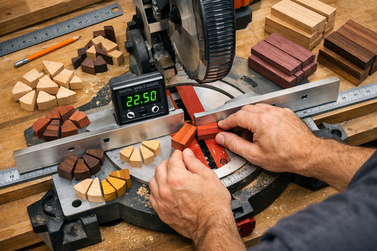 () image illustrating the initial setup for segmented woodturning. A skilled woodworker is meticulously cutting small,