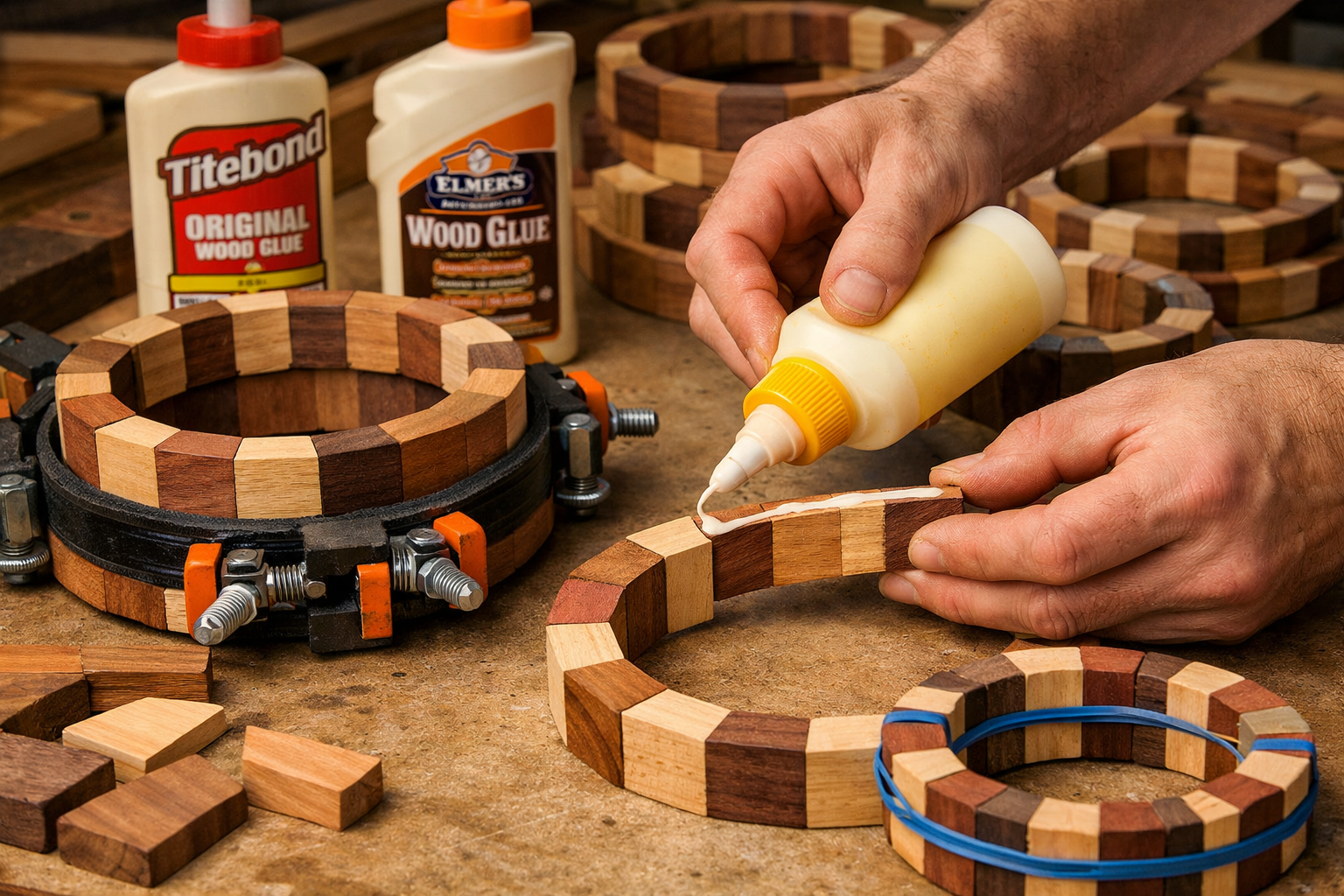 Detailed () image showcasing the assembly and gluing process for segmented woodturning. Hands in focus are carefully