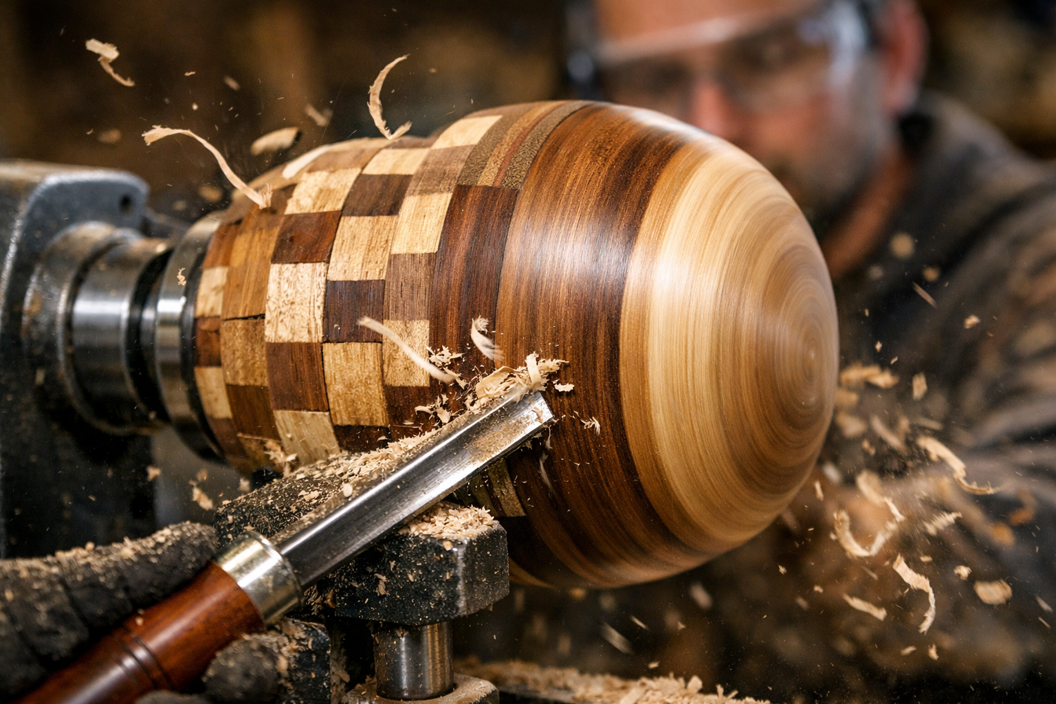 Dynamic () image depicting a partially turned segmented wooden bowl on a wood lathe. Wood shavings are gracefully peeling
