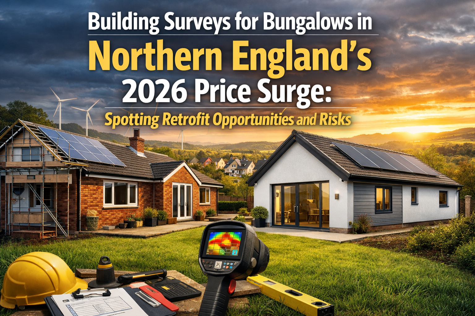 Professional landscape hero image (1536x1024) with bold text overlay: "Building Surveys for Bungalows in Northern England's 2026 Price Surge