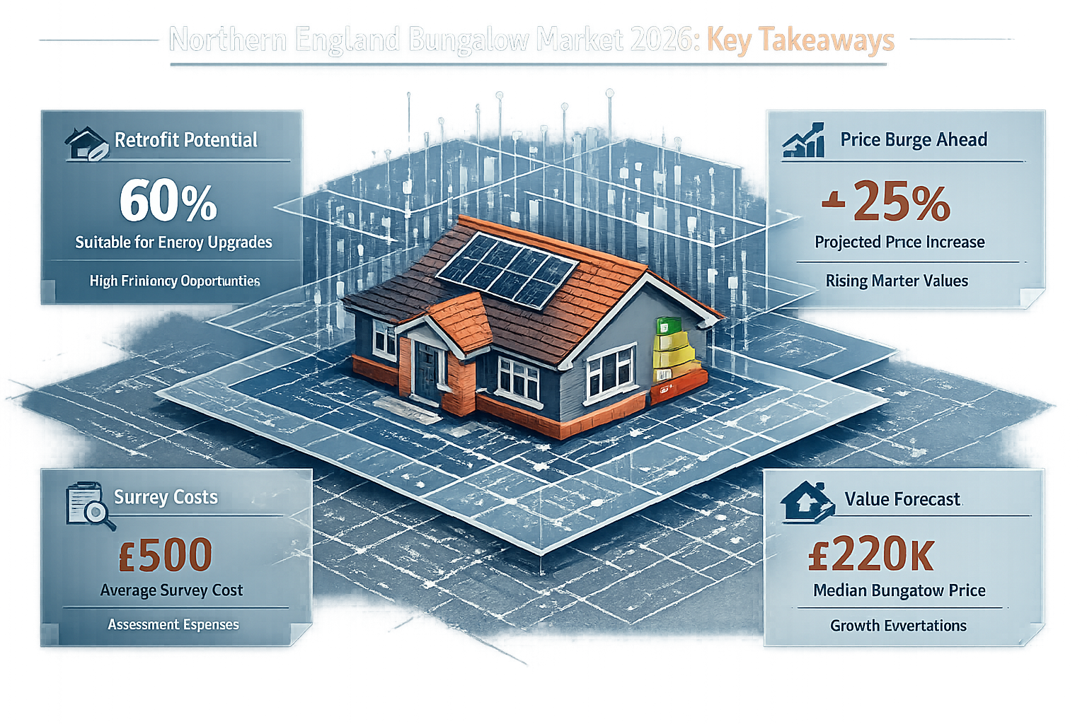 Key Takeaways section visual: Isometric infographic displaying Northern England bungalow market data for 2026, featuring layered transparent