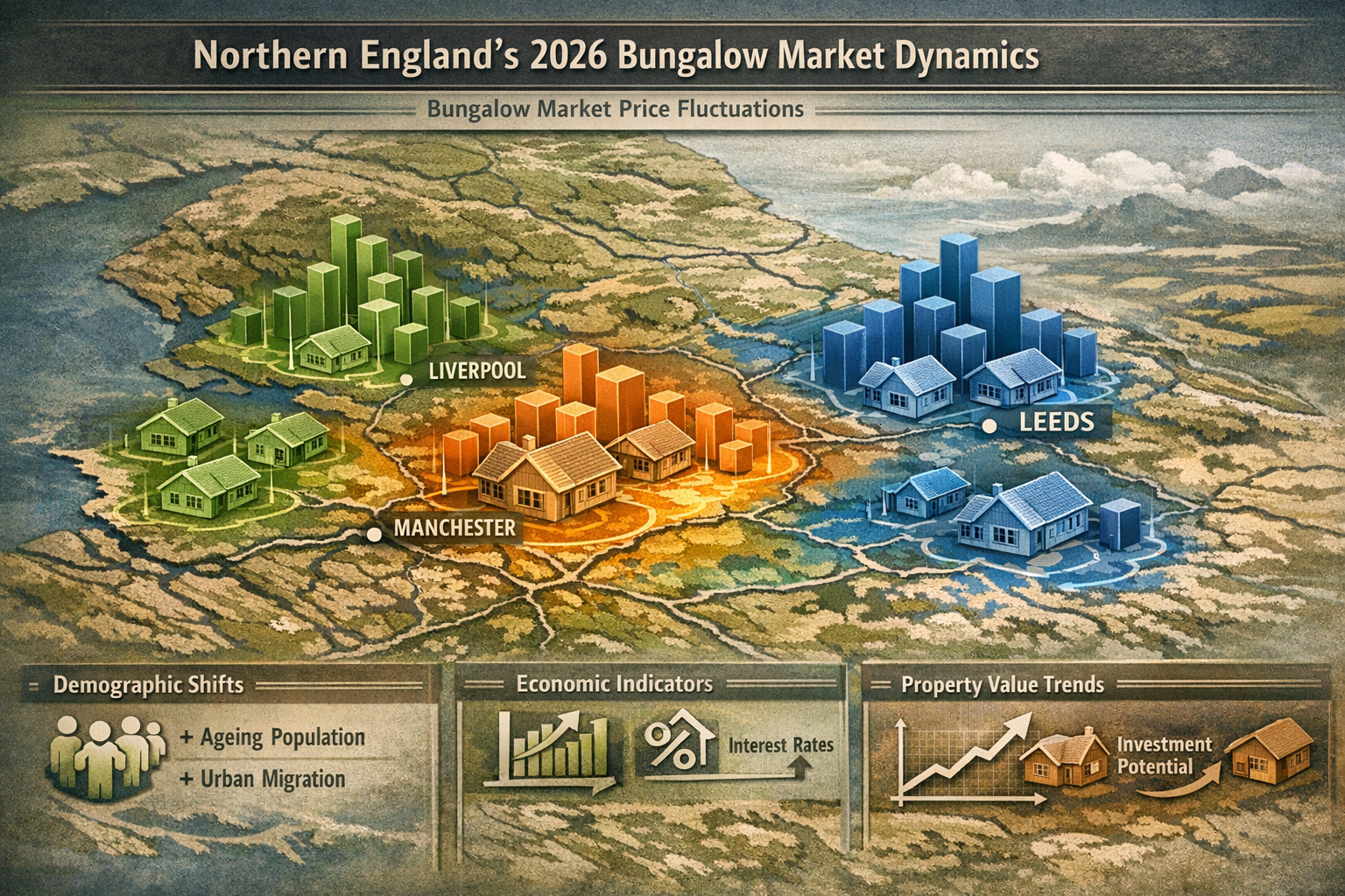 Northern England's 2026 Bungalow Market Dynamics section visual: Topographical map of Northern England overlaid with dynamic heat map showin