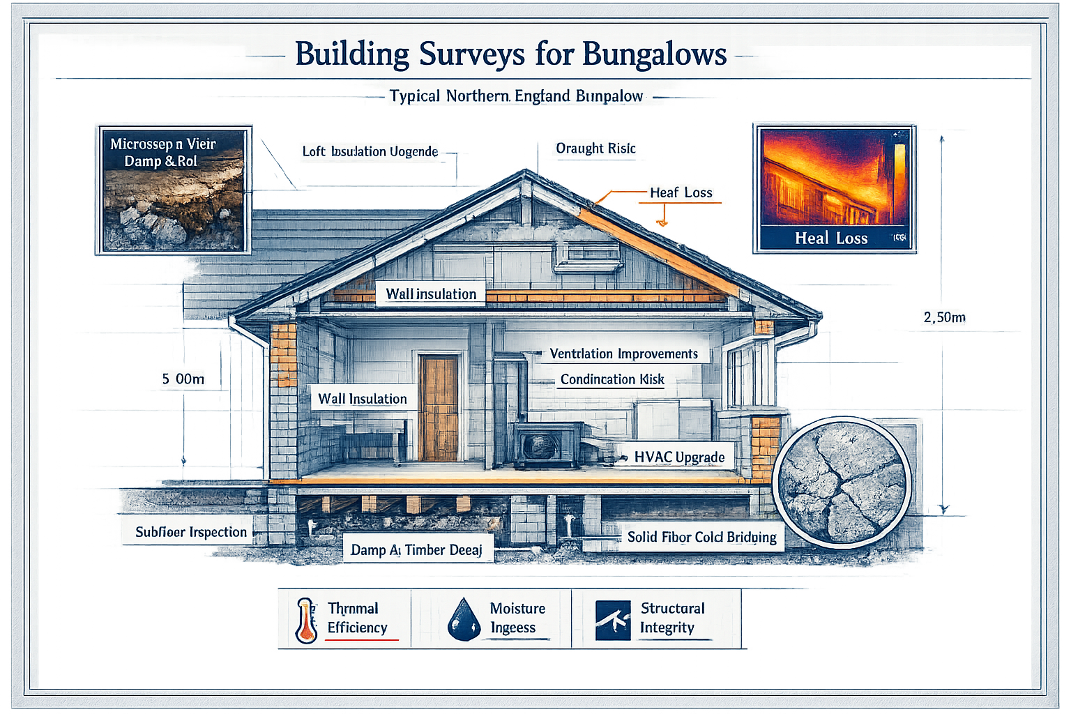 Building Surveys for Bungalows section visual: Technical illustration showcasing cross-section of a typical Northern England bungalow, with
