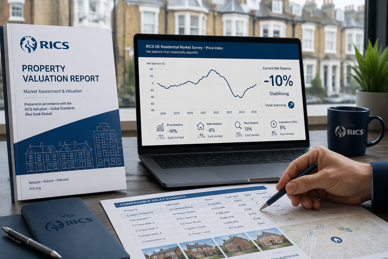 () editorial illustration showing a RICS-branded property valuation report on a desk beside a laptop displaying a flat price