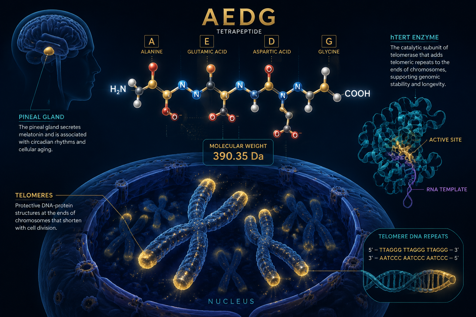 Detailed () scientific illustration showing a tetrapeptide molecular chain labeled AEDG floating above a cross-section of a