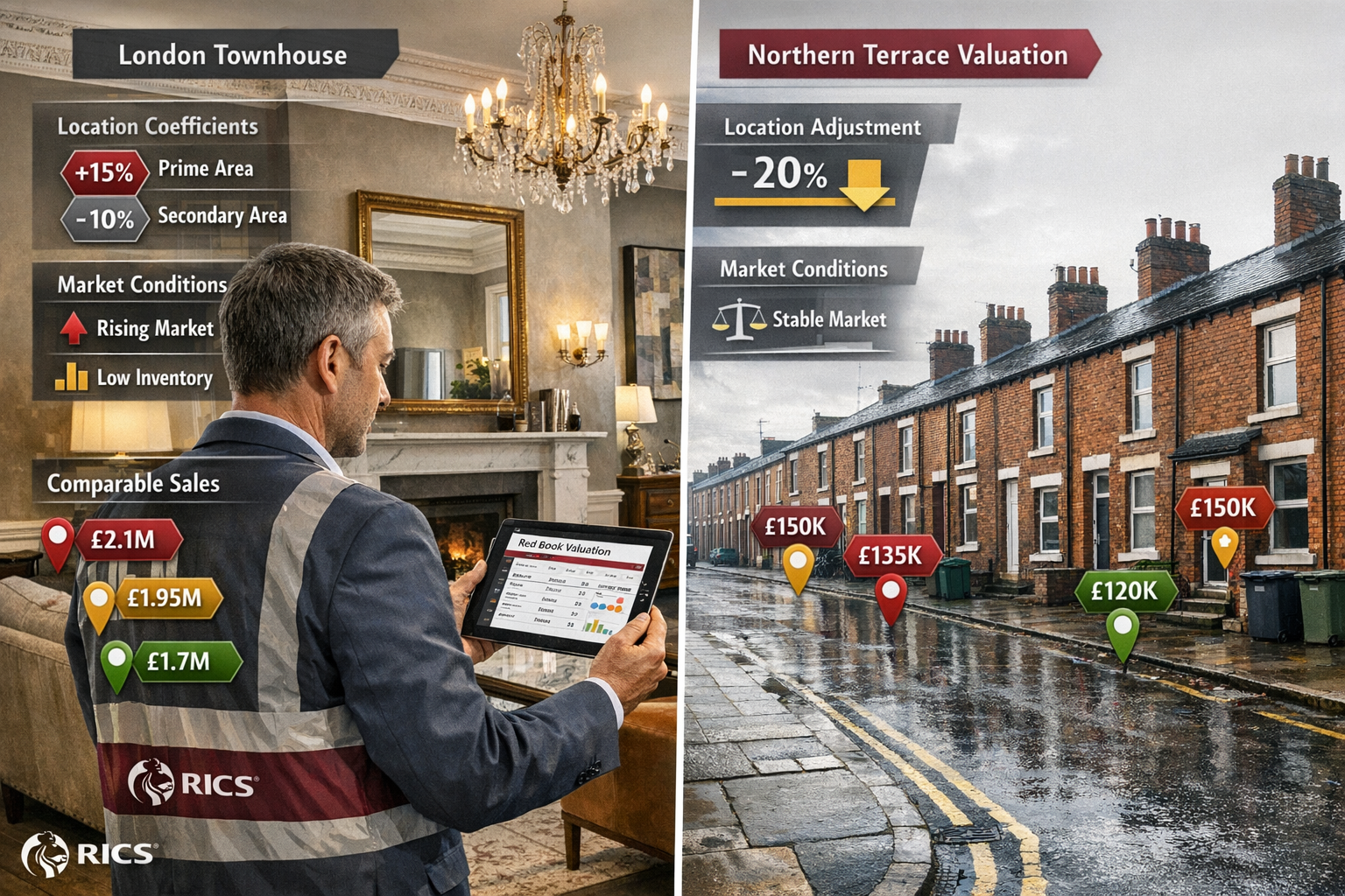 Detailed () professional scene showing RICS chartered surveyor conducting property valuation inspection inside premium