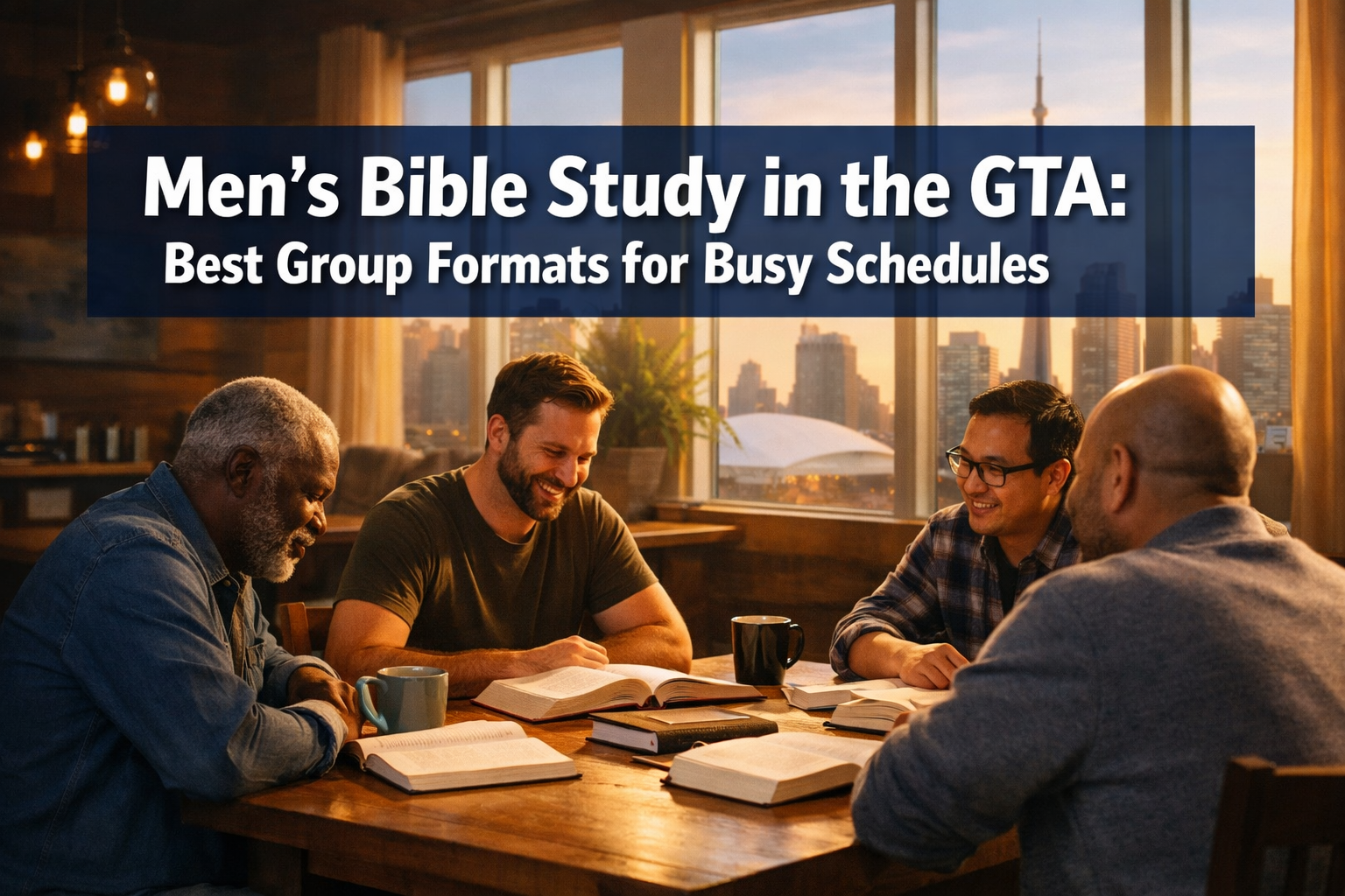 Professional landscape format (1536x1024) hero image featuring bold text overlay 'Men's Bible Study in the GTA: Best Group Formats for Busy