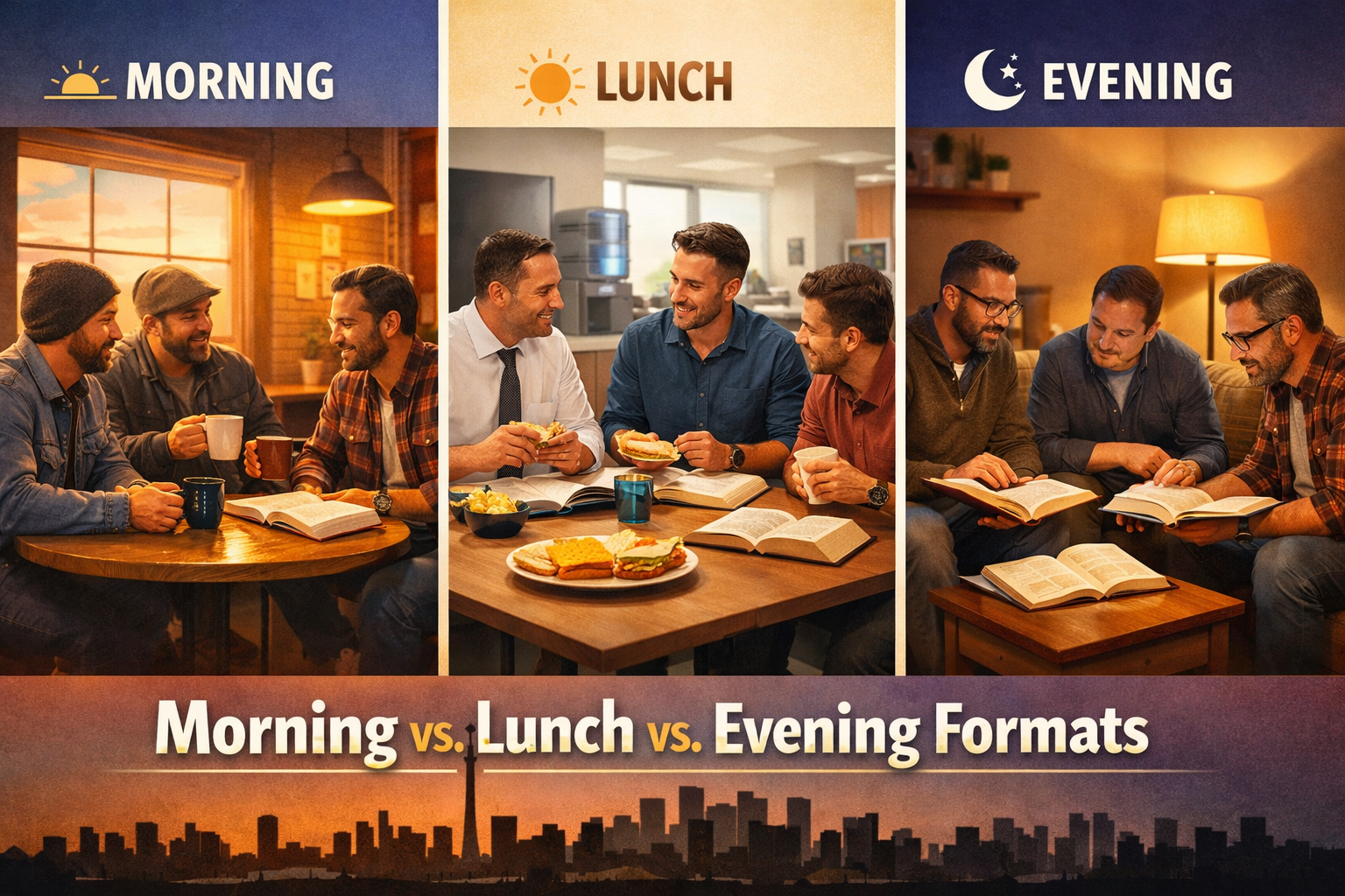 Detailed landscape format (1536x1024) editorial image showing a split-scene comparison of three men's Bible study time slots: left panel sho