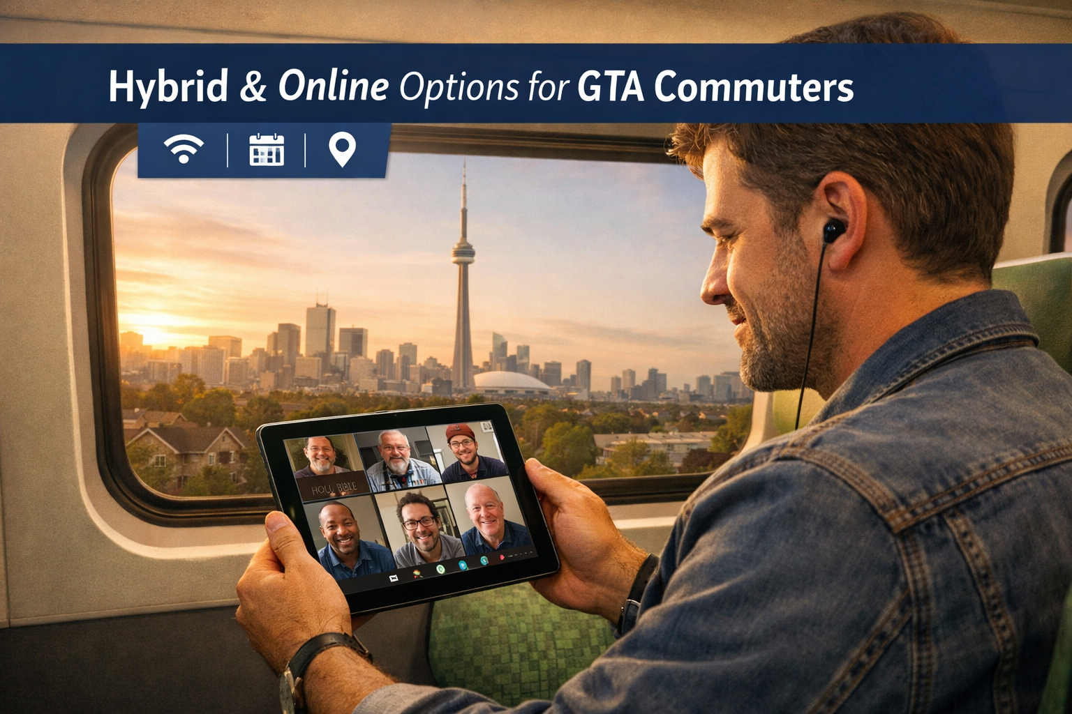 Detailed landscape format (1536x1024) editorial image showing a man on a GO Transit commuter train in the Greater Toronto Area, using a tabl