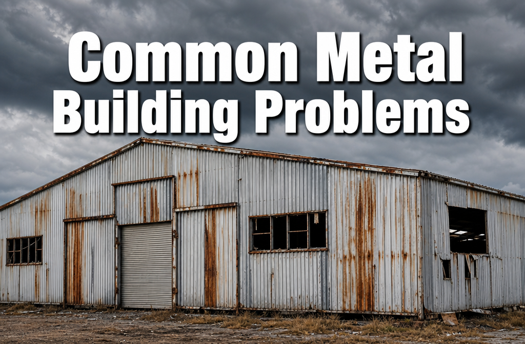 Professional () hero image with : 'Common Metal Building Problems' in extra large white with dark drop , centered