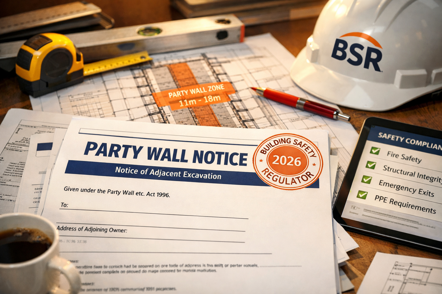 Detailed () image showing close-up of official Party Wall Notice documents on architect's desk with 2026 Building Safety