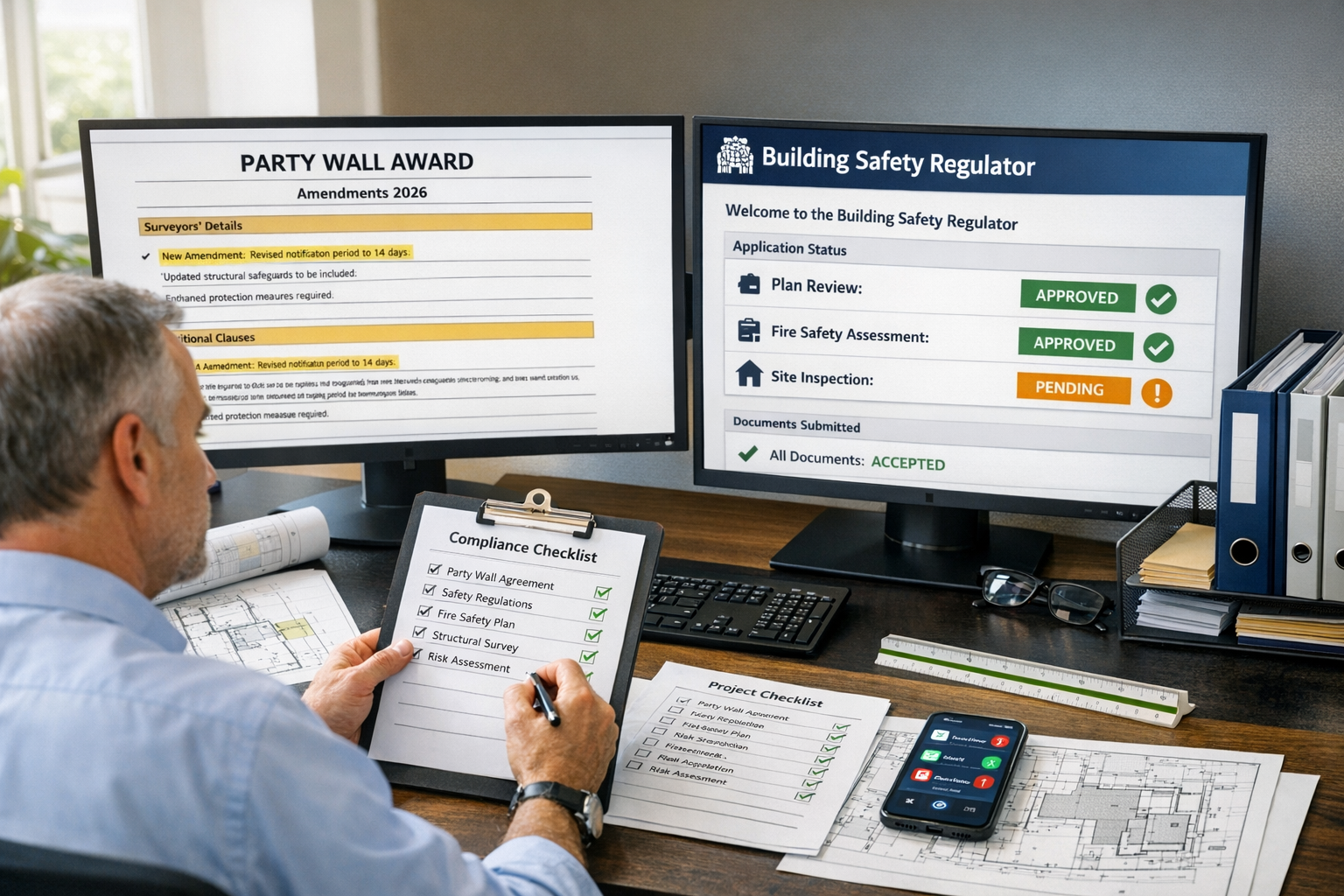 Detailed () image of building owner reviewing compliance documentation at modern office desk, dual monitor setup displaying: