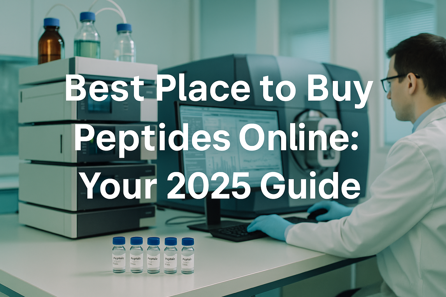 Professional landscape hero image (1536x1024) with bold text overlay: 'Best Place to Buy Peptides Online: Your 2025 Guide', modern sans-seri