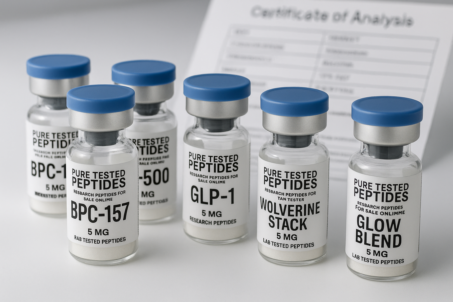 A close-up photograph of multiple vials of research peptides, clearly labeled with names like BPC-157, TB-500, GLP-1, Wolverine Stack, Glow 